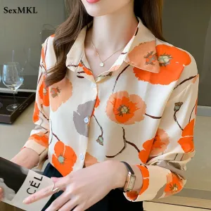 Women Elegant Fashion  Floral Printed Button Up Long Sleeve Shirt