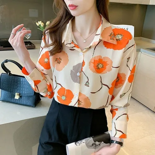 Women Elegant Fashion  Floral Printed Button Up Long Sleeve Shirt