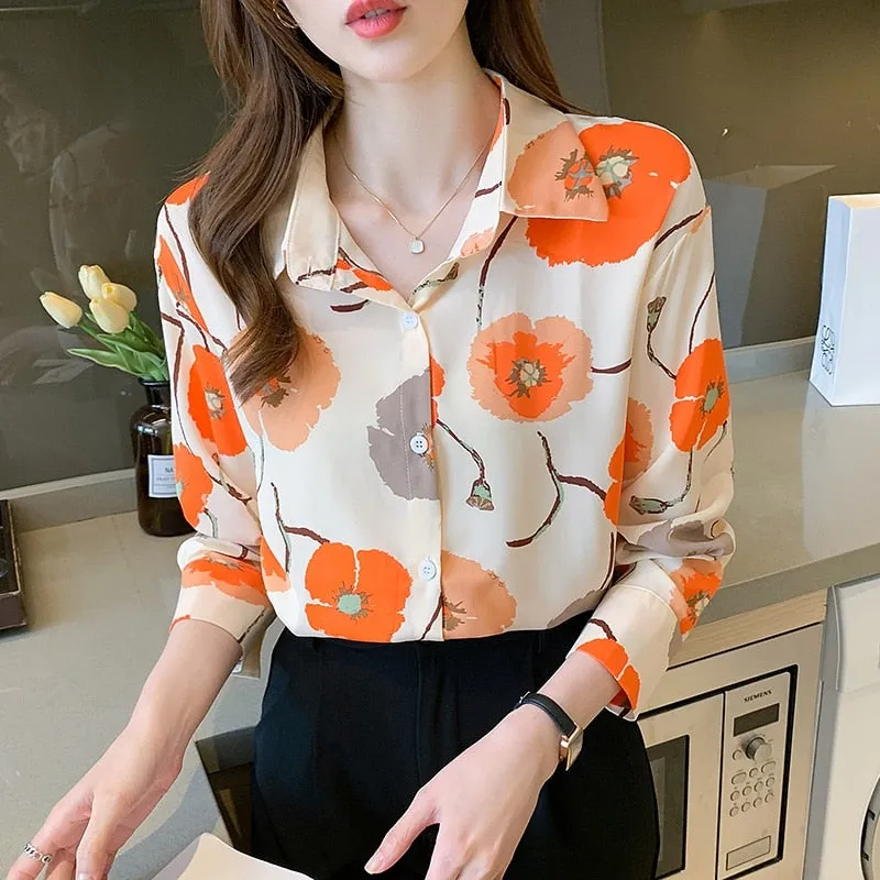 Women Elegant Fashion  Floral Printed Button Up Long Sleeve Shirt