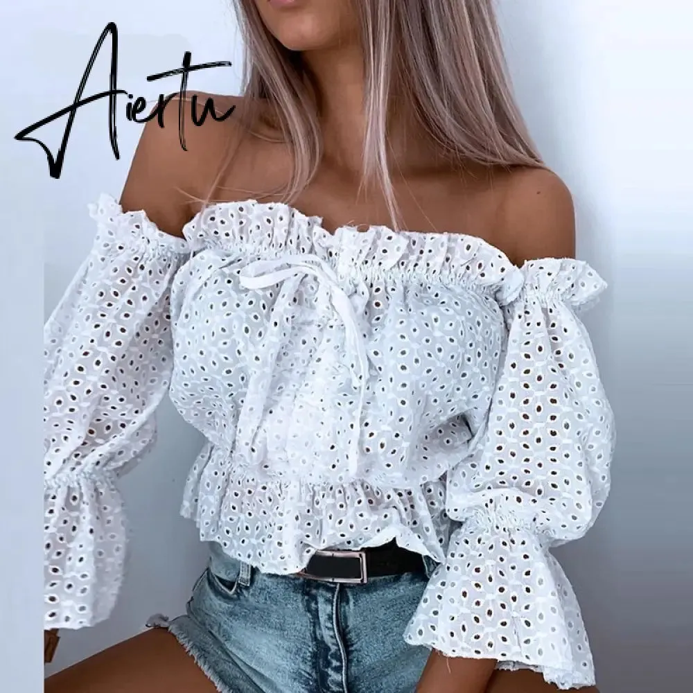 Women Fashion Sexy Off Shoulder Shirt Summer Elegant Hollow Out Lace-Up Tops Office Ladies Casual Solid Simple Shirts