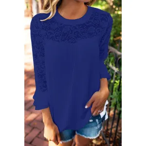 Women High Neck Bell Sleeve Chiffon Lace Top - C6332USB